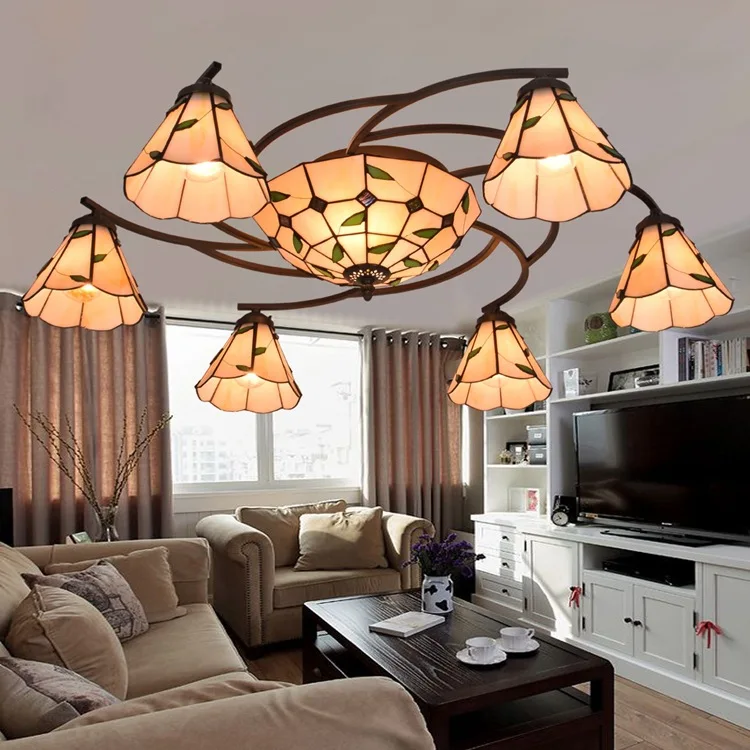 Tiffany Flesh Country Flowers Stained Glass Suspended Luminaire E27 110-240V Chain Pendant lights for Home Parlor Dining Room | Лампы и