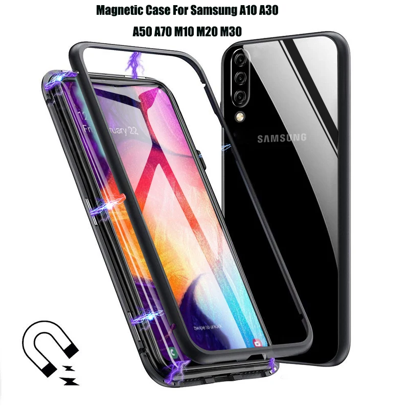 Магнитный чехол для samsung galaxy a50 a30 a70 a10 прозрачное стекло жесткая задняя крышка