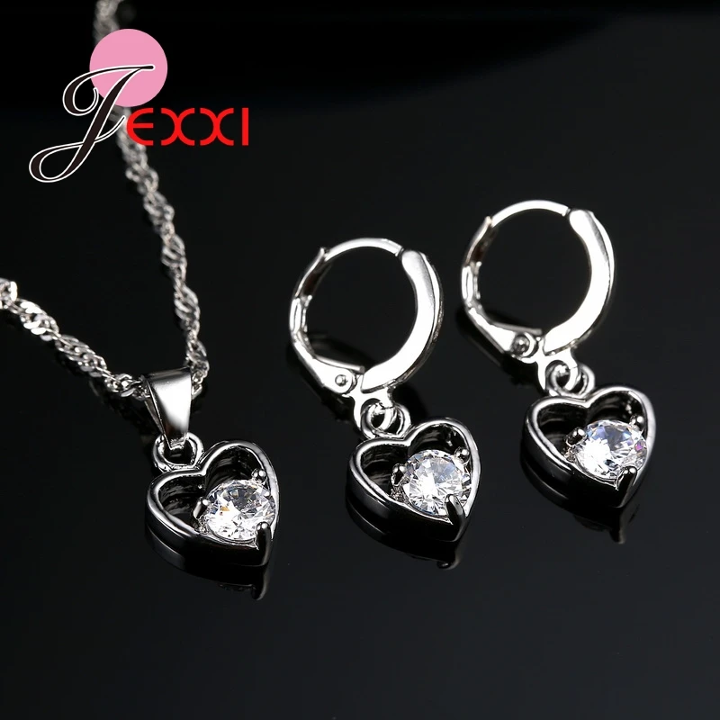 Elegant Wedding Jewelry Set 925 Sterling Silver Heart Cubic Zirconia Stone Pendant Earring Necklace Collier | Украшения и