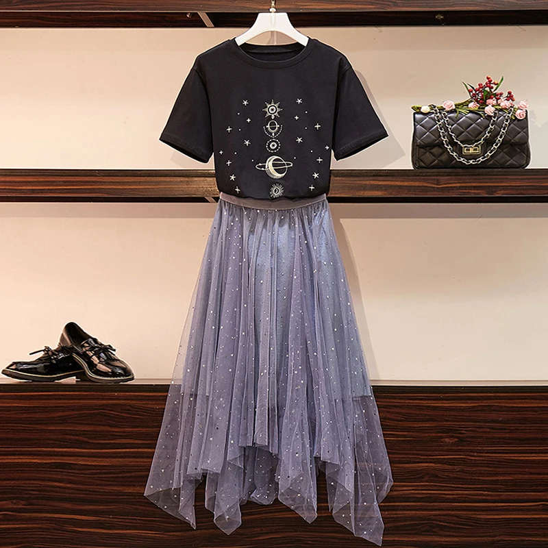 

2 Piece Set Women Summer Stars Black T-shirts+Elastic Waist Black Mesh Skirt Set Woman Casual T-shirt Sparkling Skirt Suit L-4XL