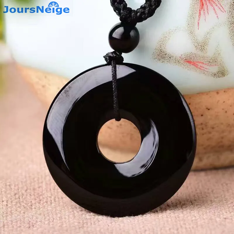 

Simple Black Obsidian Natural Stone Pendant Necklace Peace Buckle Lucky Love Crystal Jewelry With Free Rope Wholesale JoursNeige