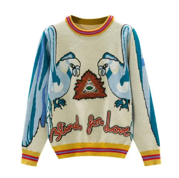 Женский свитер с длинными рукавами и вышивкой в виде попугая вязаный шерстяной