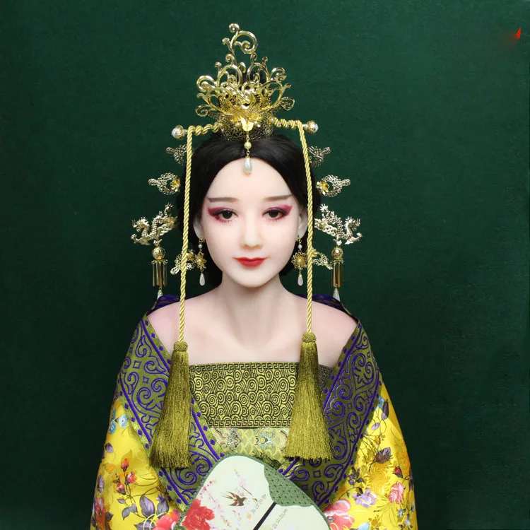 A199 Thread Tassel Hair Accessory Set Dragon Phoenix Vintage Sticks Tang Dynasty Princess Tiara Crown Piece |