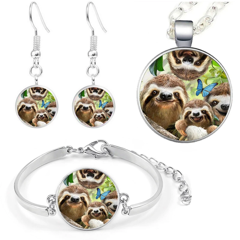 4 Pcs Cute Sloth Jewelry Sets Animals Photo Necklace Pendant Bracelet Earrings Gift | Украшения и аксессуары