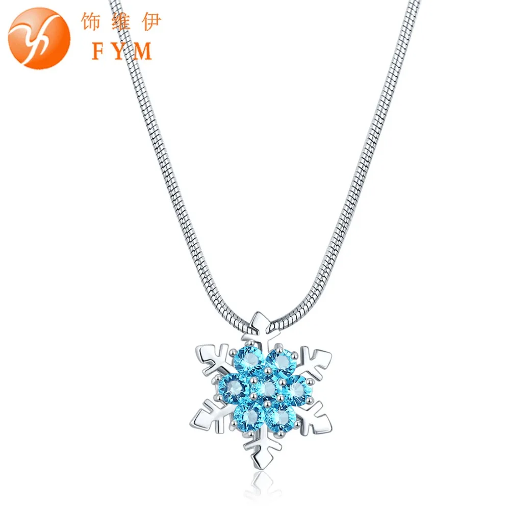 

FYM Luxury Snake Chain Snowflake Necklace For Women Lady Inlay 7 Round Sea blue Crystal Zircon Pendant Necklace Jewelry Bijoux