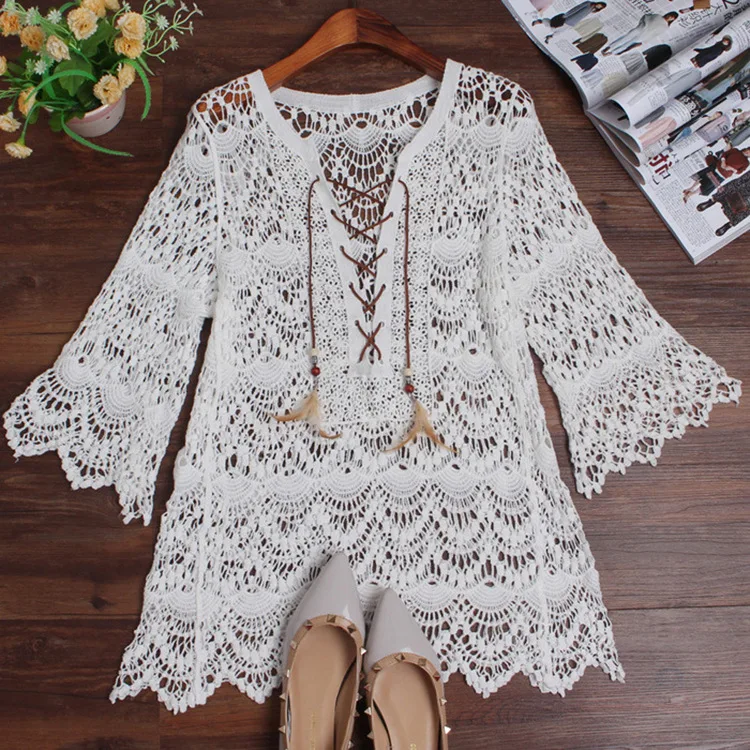 2019 Beachwear Cover Ups Hollow Out Lace Bikinis Covers Boho Swimwear Shirts Cotton Tunic Beach Bath Swim Suit Up Women |