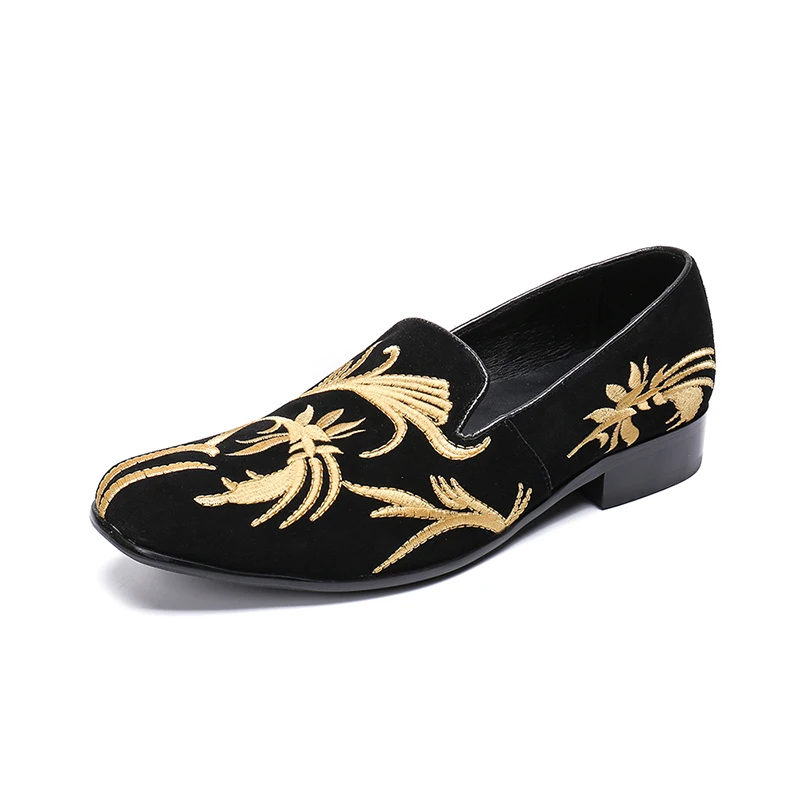 New Comfortable Flock Mens Loafers Luxury Gold Embroidery Casual Flats Breathable Slip-On Low Heels Black Party Shoes Man | Обувь