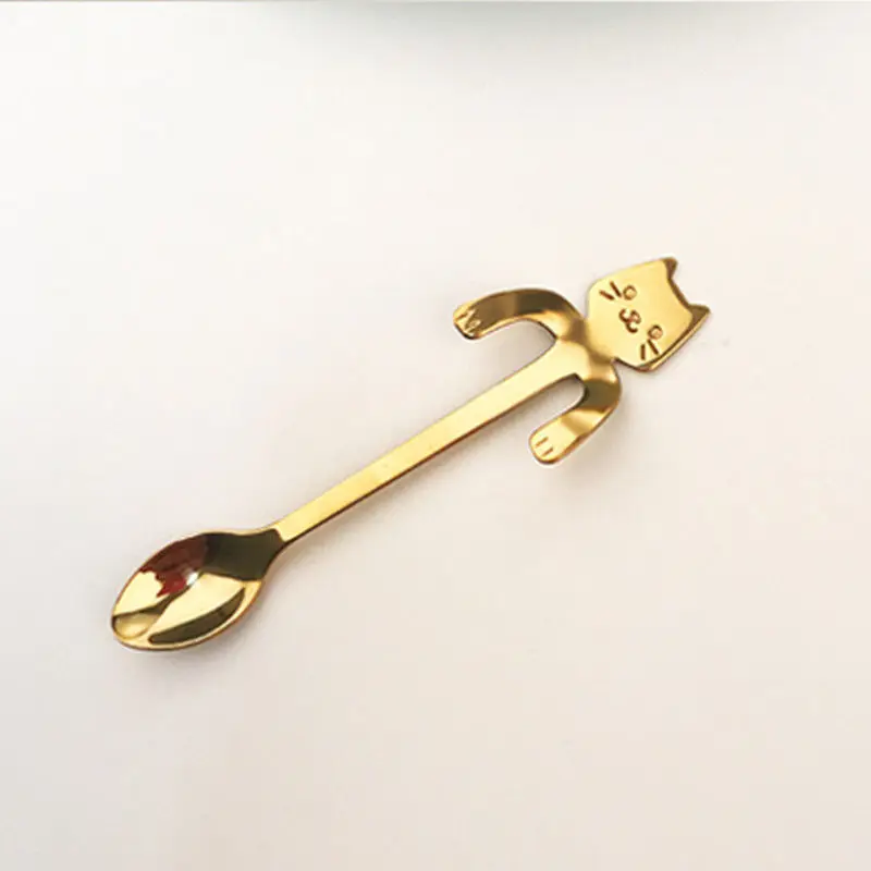 Gold Нержавеющая сталь кошка кофейная/чайная Ложка Мини длинная ручка креативный кухонный гаджет посуда кухонные принадлежности подвесные чашки ложка - Цвет: Gold