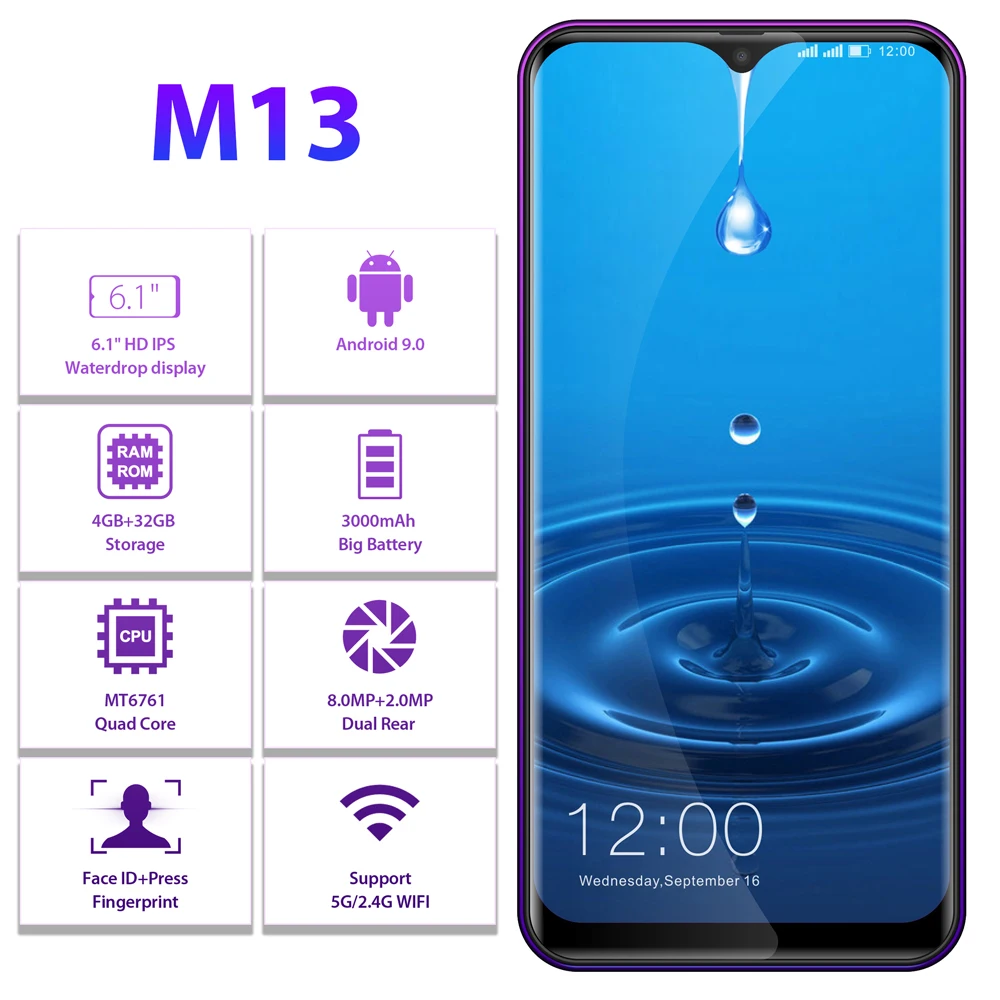 Смартфон LEAGOO M13 Android 9 0 19:9 6 1 дюйма Waterdrop 4 Гб ОЗУ 32 ПЗУ MT6761 четыре ядра сканер