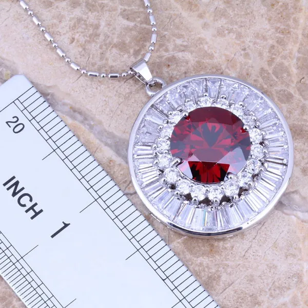 Красный Гранат Белый CZ Серебряные комплекты ювелирных изделий серьги кулон