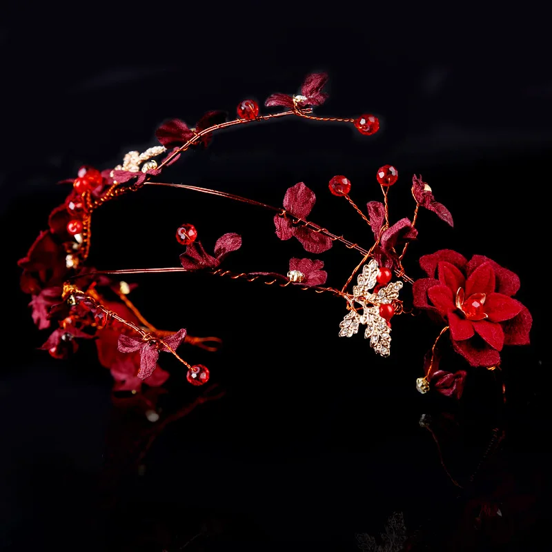 

Модная красная Цветочная Свадебная повязка на голову, украшения для волос для женщин, металлическая кристальная жемчужина, свадебные обруч...