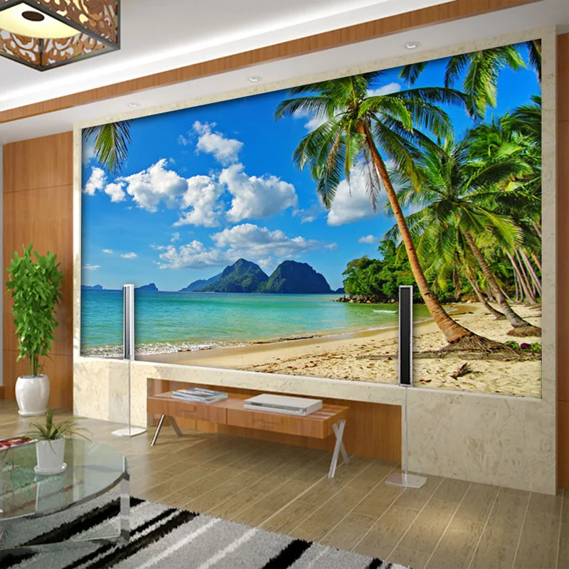 Фотообои для гостиной дивана пляжа дерева гостиной|wall paper|mural wall paper3d mural |