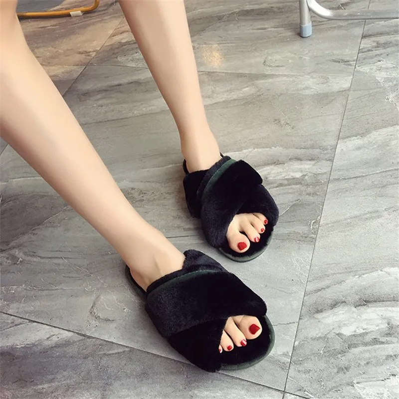 COOTELILI Women Plush House Slippers with Soft Fur Fashion Winter Warm Shoes Woman Slip on Flats Female Slides Black Pink 41