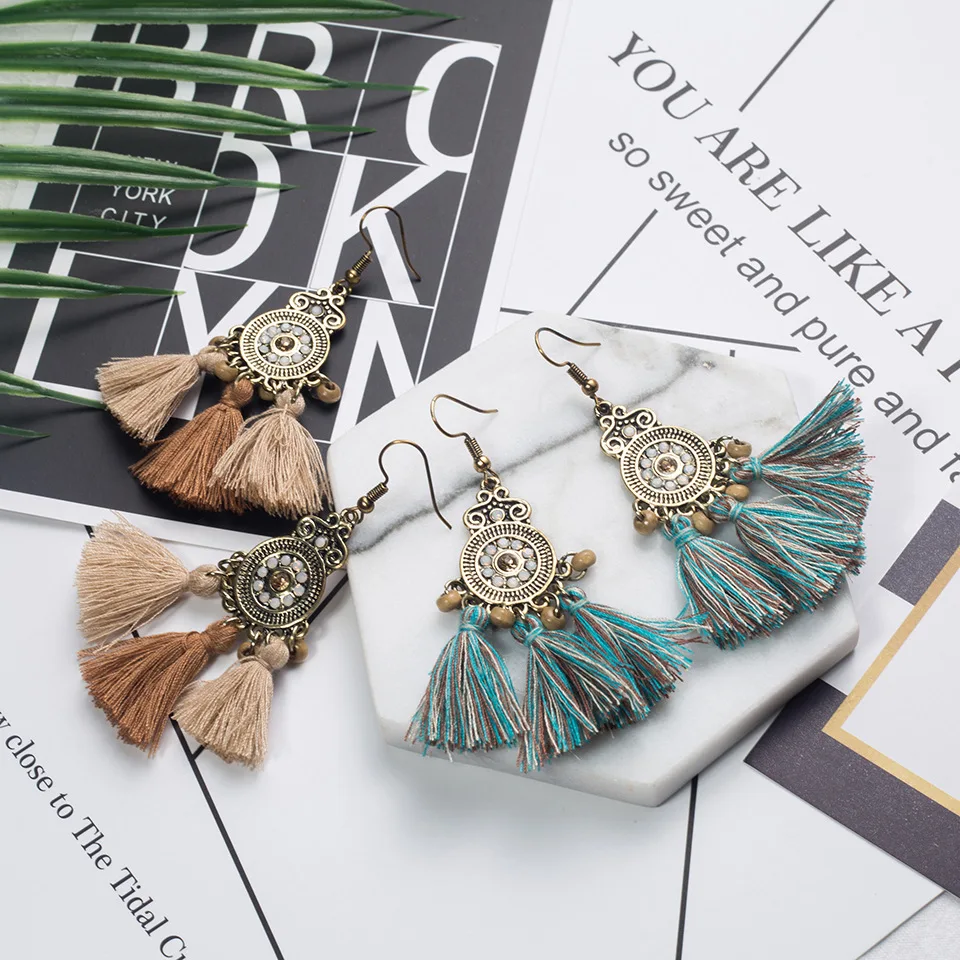 QIANKE Bohemian Big Fabric Tassel Drop Earrings for Women Boho Retro Bead Statement Dangle Earring Fashion Jewelry Wholesale | Украшения и