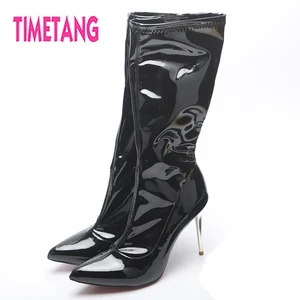TIMETANG Fashion Winter Boots Sexy Patent Pointed Toe High Thin Heel Mid-Calf Woman Boots Plus Size 34-44 Knee-High Women Shoes