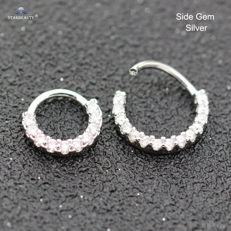 Side Gem Silver 1 шт. яркий драгоценный камень нос кольцо для козелка пирсинг спираль серьги перегородка кликер нос Имитация пирсинга пирсинг кольцо ухо обруч украшения для тела - Окраска металла: Side Gem Silver
