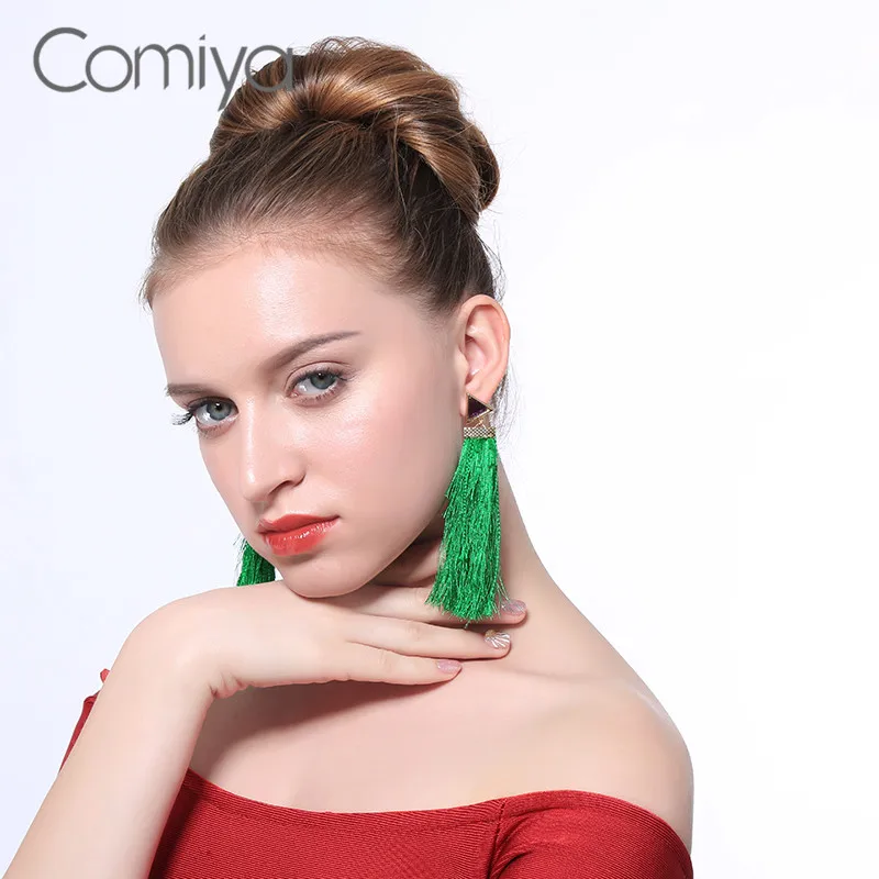 Comiya этнические длинные серьги зеленый цвет кисточкой линии ручной работы