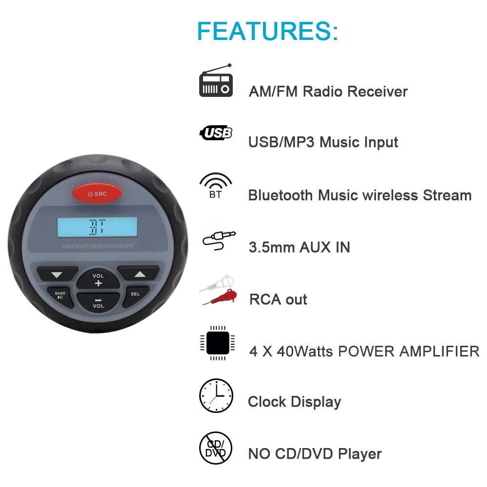 4 "Водонепроницаемый морской датчик Bluetooth стерео мотоцикл аудио FM AM радио Лодка