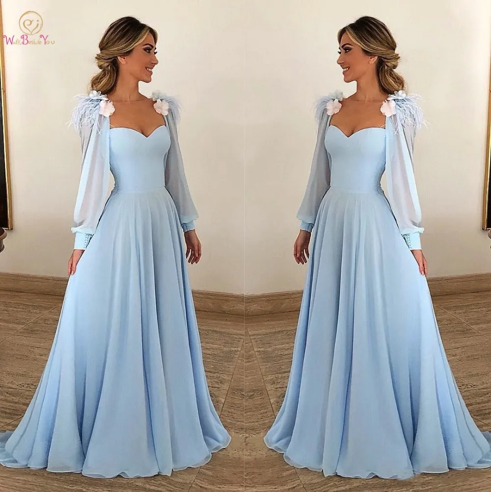 Женское шифоновое вечернее платье с длинным рукавом голубое платье-трапеция и