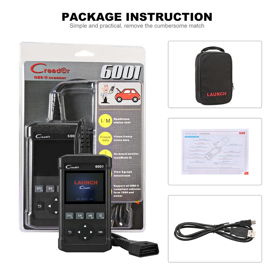 LAUNCH CReader 6001 полный OBD2/EOBD считыватель кодов Сканер 2,8 дюймов Поддержка чтения и очистки DTCs Печатает данные через ПК бесплатное обновление программного обеспечения