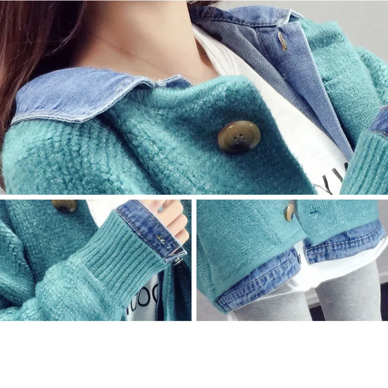 

Spring new female celestial denim stitching knit fake two-piece women sweater cardigan loose lazy wind women's sweater W143