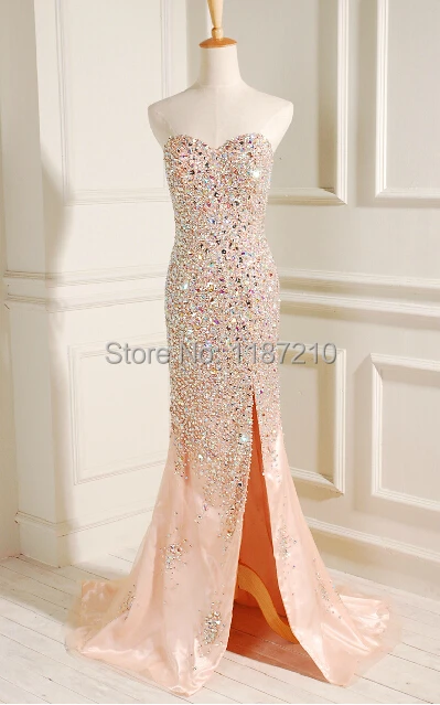 Crystal Luxury Evening Dresses With Split Beaded Sweetheart Mermaid Backless Prom Party Celebrity Dress Gowns 2015 Best Selling | Свадьбы и
