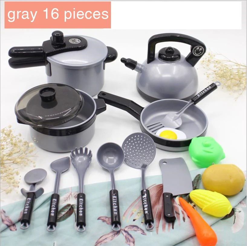 16pieces(gray) 17-38 шт., Детский набор кухонных игрушек, кухонная утварь котелок кастрюля, детские игрушки для приготовления пищи, игрушки для игр, набор кухонных игрушек, детские подарки - Цвет: 16pieces(gray)