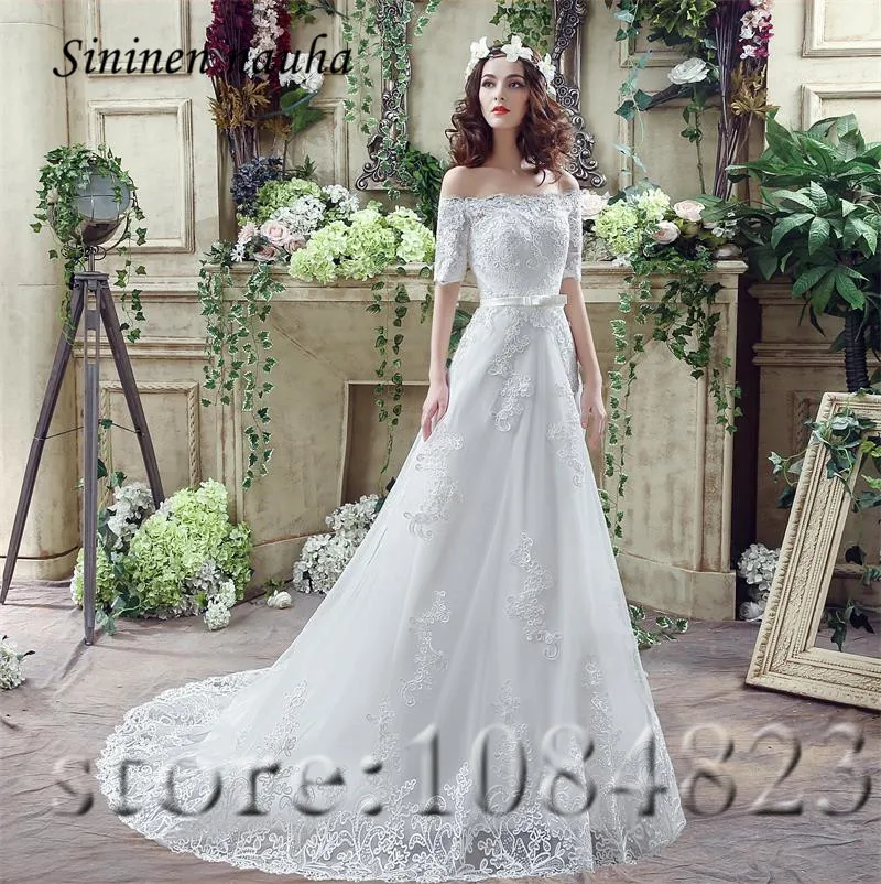 Wedding Dresses Bridal Gowns Off The Shoulder sleeves Appliques A Line Tulle Cheap Dress Vestido De Noiva Robe Mariage 197 | Свадьбы и