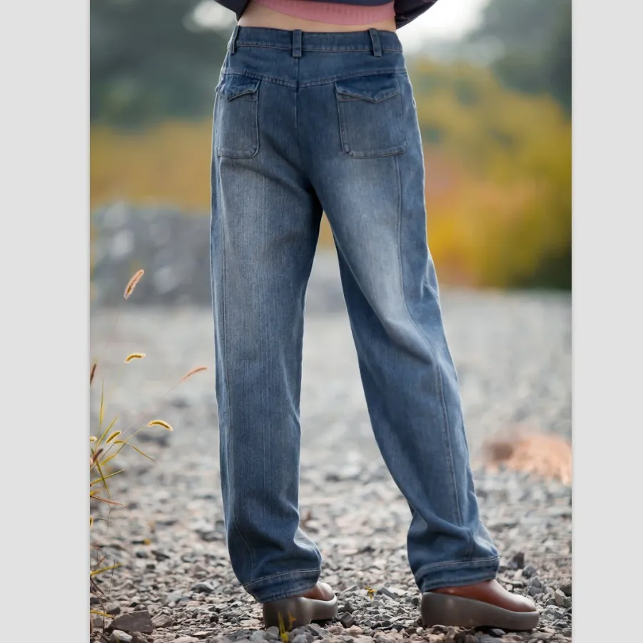 Джинсы женские прямые из смесовой хлопка с высокой талией на осень/зиму|jeans plus|plus