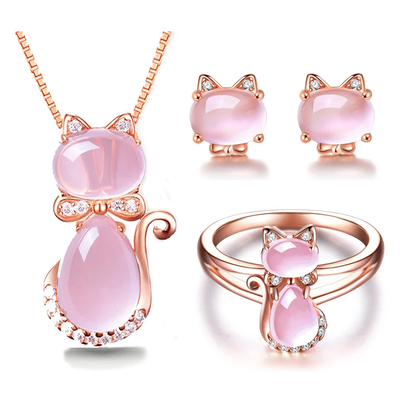 Ociki Rose Gold Color CZ Crystal Ross Quartz Pink Opal Necklace Earrings and Ring Jewelry Set for Cute Cat Women Girls | Украшения и