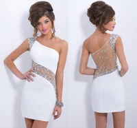 white cocktail dresses sheath one shoulder crystals see through short mini elegant party homecoming dresses
