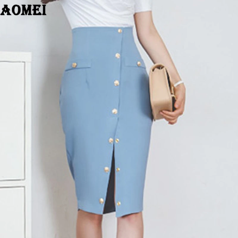 Office Ladies Skirt Workwear Summer High Split Button Up Pockets Casual Women New Arrival Elegant Jupes Female faldas Tutu Saias | Женская