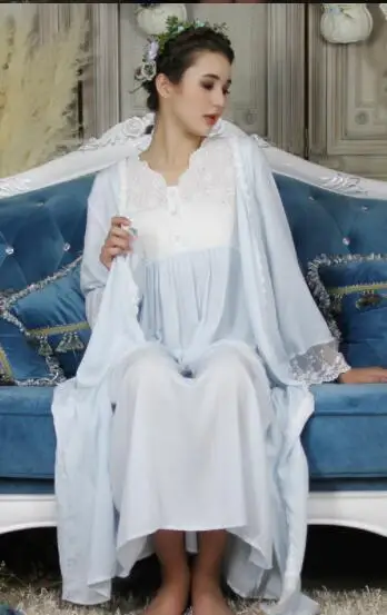 light blue Новинка, Осенний женский длинный тонкий халат, 6 цветов, одежда для сна, комплект из двух предметов, кружевная мягкая ночная рубашка, винтажная ночная рубашка - Цвет: light blue