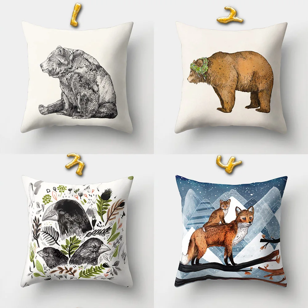 Чехол на подушку с животным рисунком мультяшный медведь Лисичка персиковая кожа