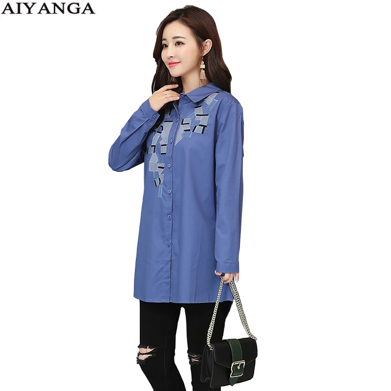 

M-4XL New 2018 Spring Autumn Women Medium Long Blouses Female Embroidery Long Sleeve Shirts For Woman Casual Plus Size Tops