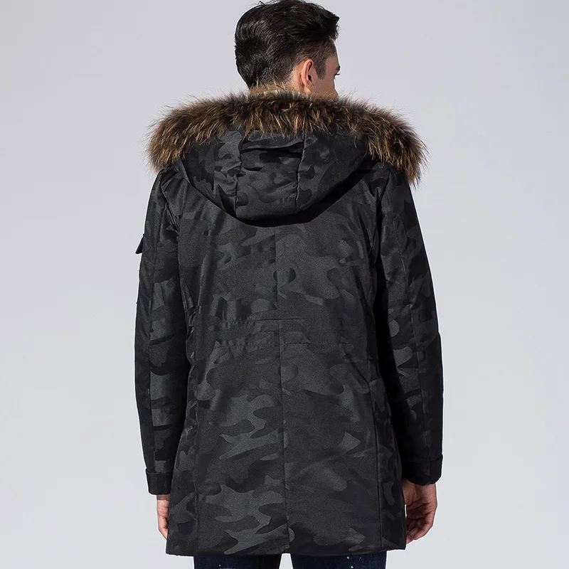 Новинка 2018 зимний мужской теплый длинный пуховик с капюшоном и меховым