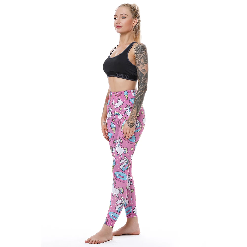 KYKU Brand Unicorn Leggings Women Leggins Fitness Legging Sexy Pants High Waist Push Up Shiny 3d Printed Rainbow Star Cat Donuts