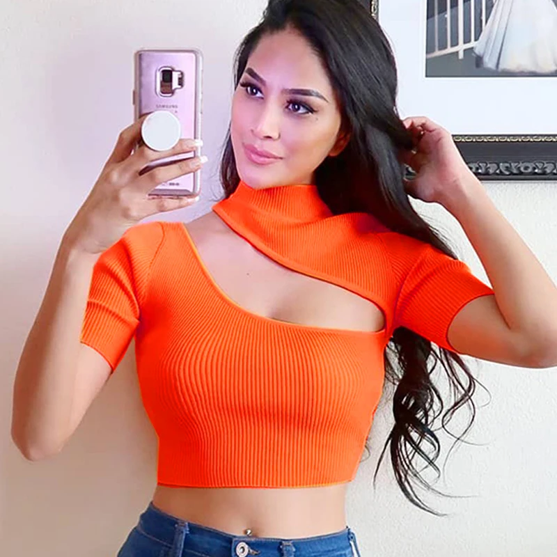 Летом неоновые укороченный топ спереди вырезать Для женщин пикантные короткие