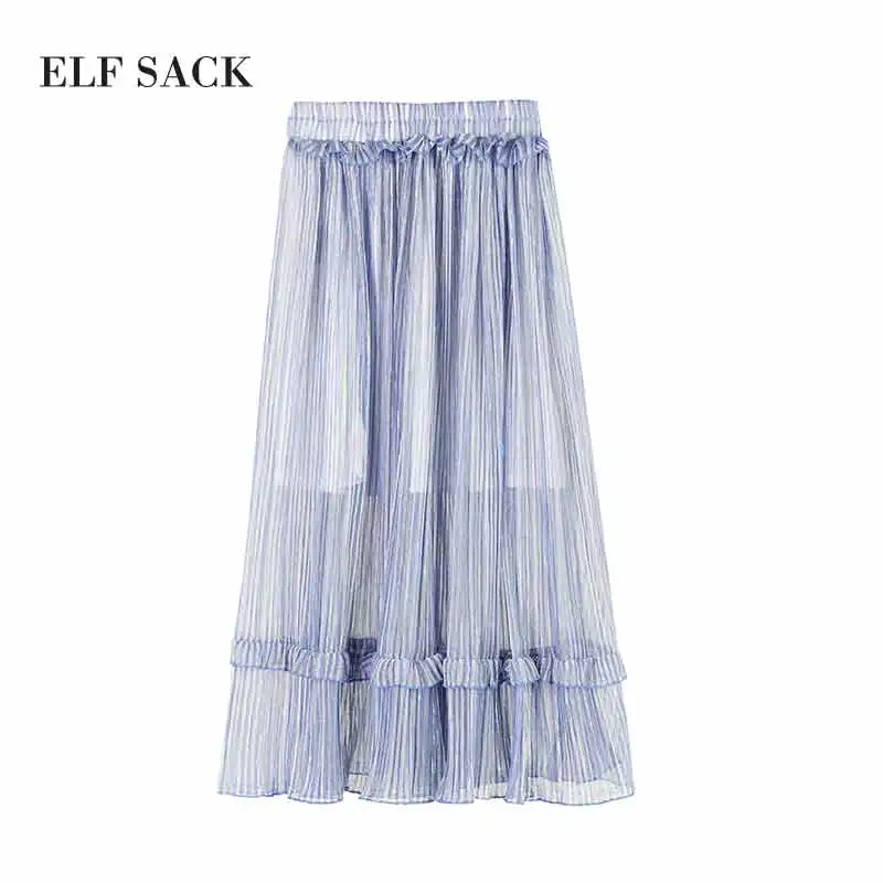 ELFSACK, Женская плиссированная юбка, металлический цвет, пряжа, длинные юбки для женщин, s, прозрачная, трапециевидная, винтажная, с оборками, плиссированные юбки, брендовая одежда