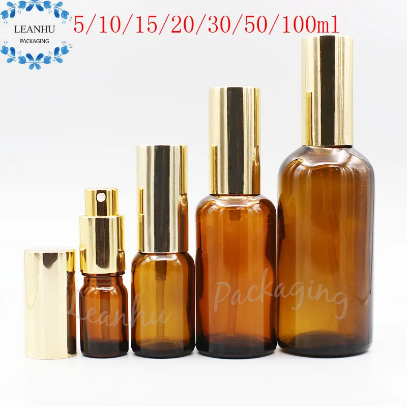 Коричневые стеклянные флаконы для духов с золотистым распылителем спрей