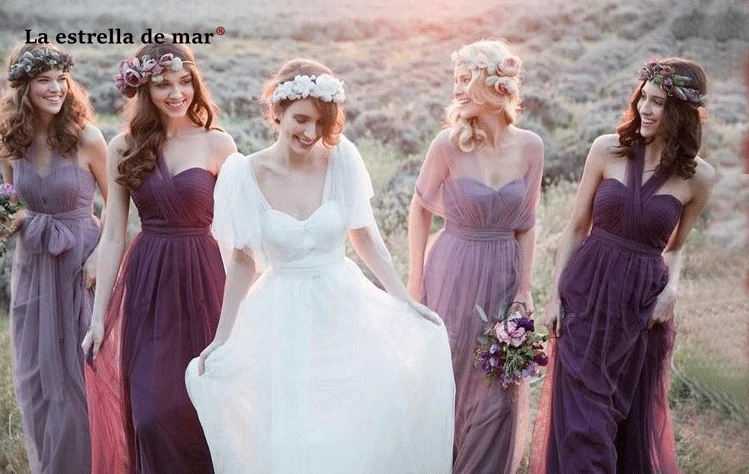 Vestido madrinha2019 Новое Тюлевое платье трапециевидной формы с рукавами-крылышками фиолетового и розового цветов длинное свадебное платье для гостей под$50