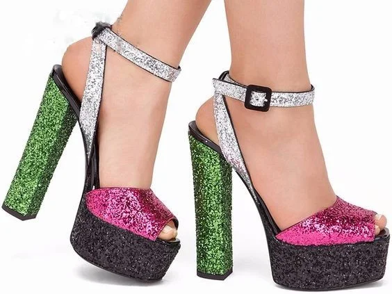 

Sales 2022 bling bling glitter ankle strap woman sandal sexy open toe thick heels platform sandal mixed colors high heel sandals