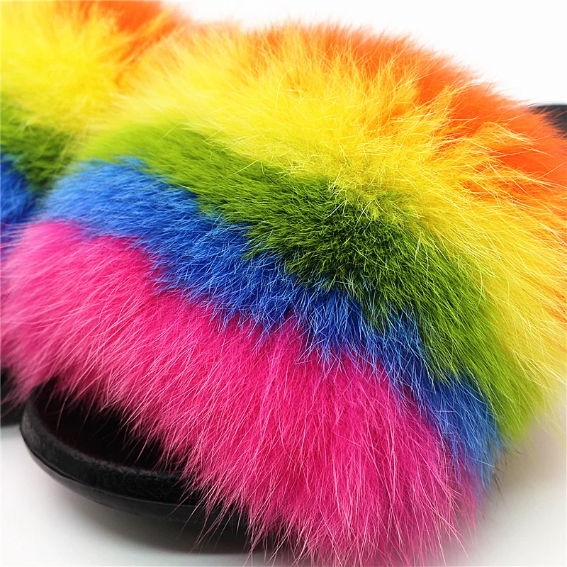 Шлепанцы унисекс из лисьего меха радужные разноцветные модные роскошные сланцы