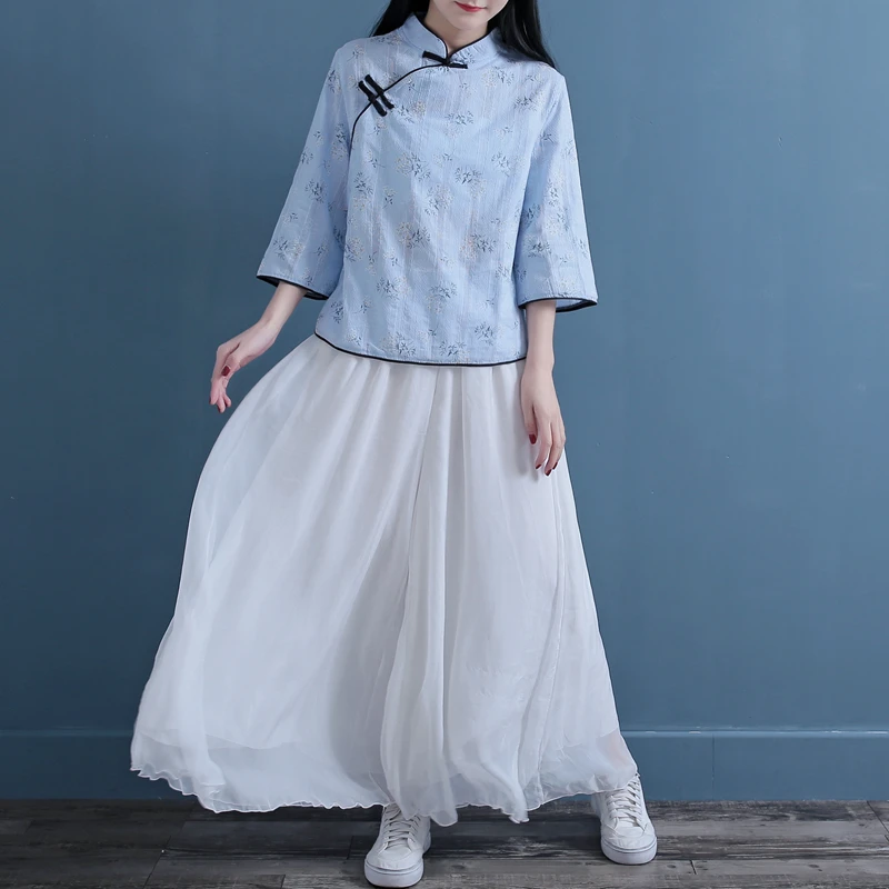 summer Vintage Chinese style jacquard Knot Button female shirt blouse mori girl |