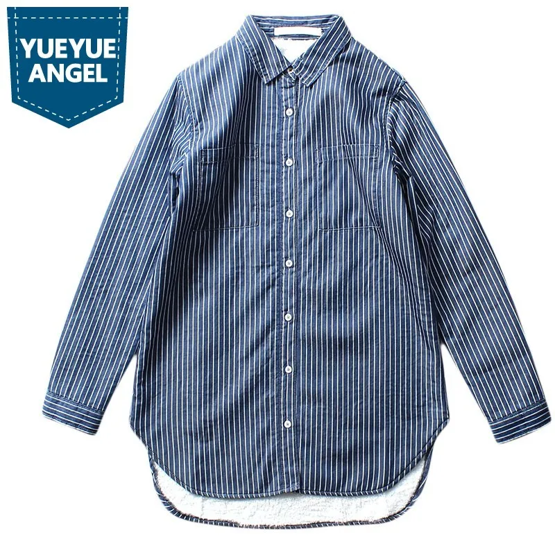 

New Autumn Womens Long Fleece Lining Shirt Fashion Striped Lapel Collar Shirt Female Single Breasted Denim Shirts Plus Size XL