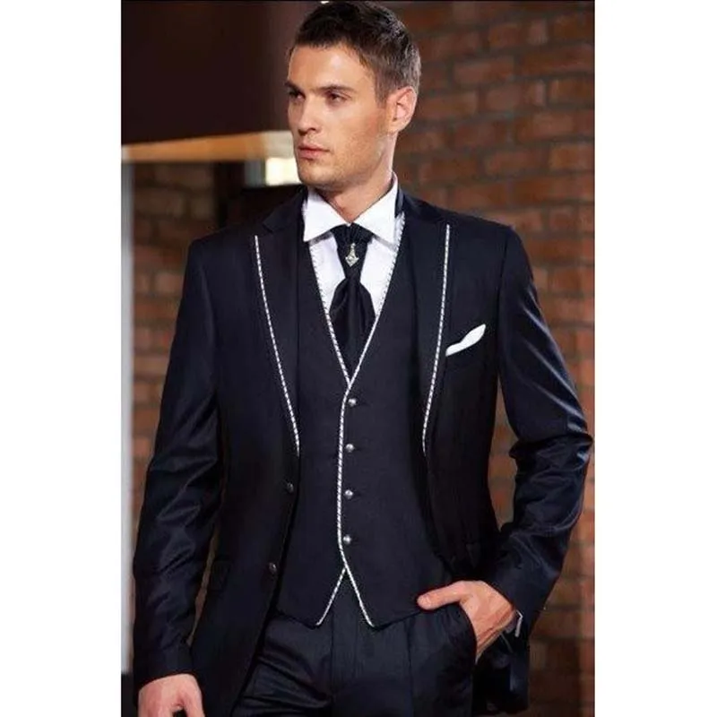 

2019 Custom Made navy blue Mens Slim Fits Suits Tuxedos Grooms Suits Wedding Suits Formal Party men suit Blazers+Pants+Vest