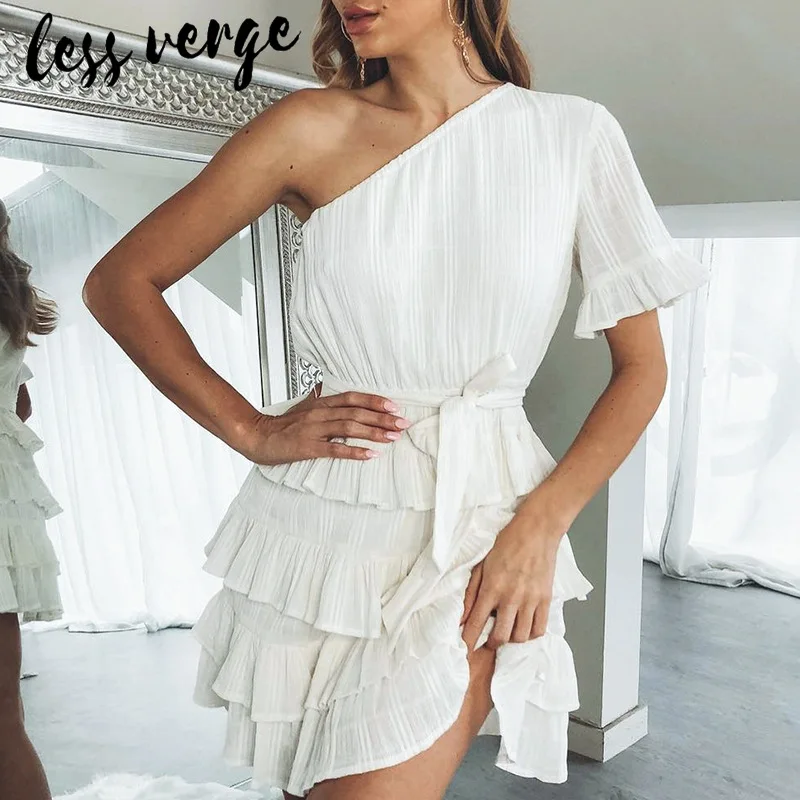 Lessverge одно плечо белое гофрированное льняное шифоновое платье женское