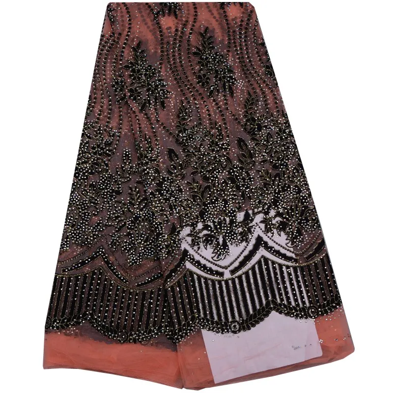

Latest african guipure net lace fabric with plenty rhinestones embroidery mesh nigerian tulle lace fabric orange+black