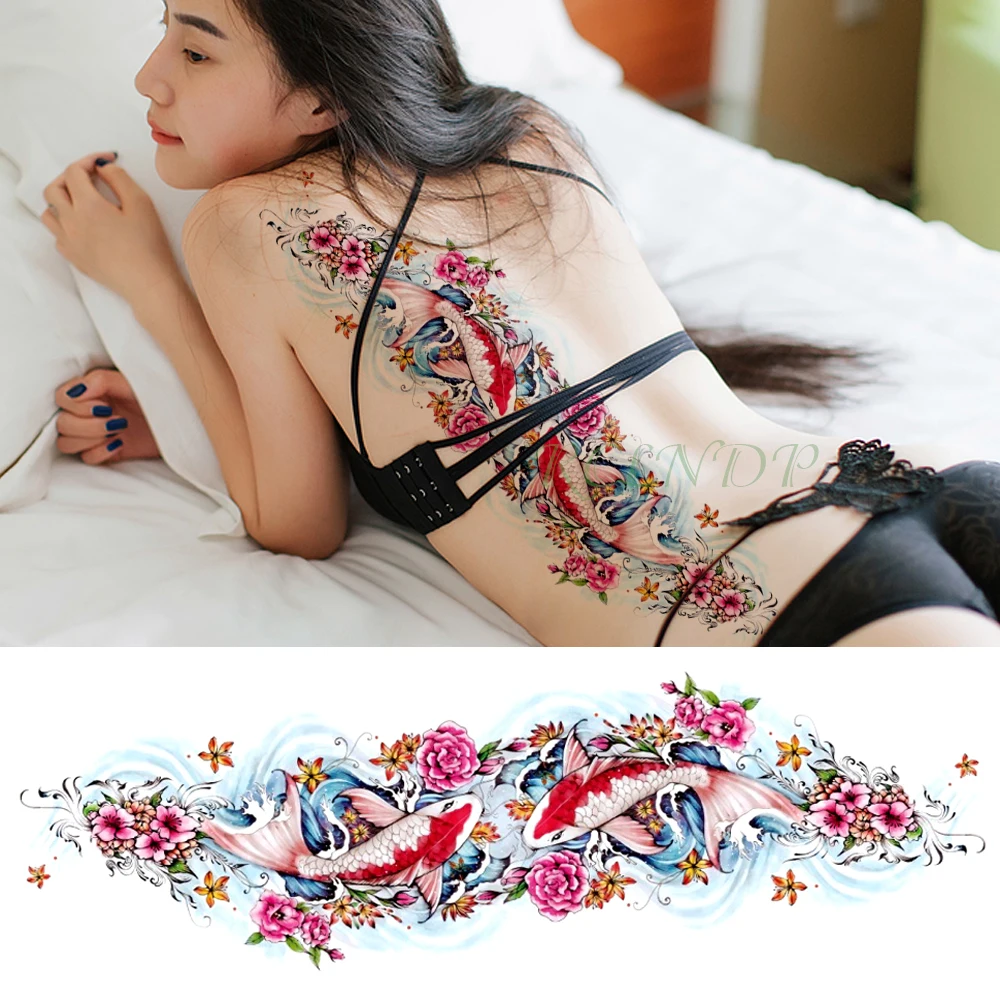 Waterproof Temporary Tattoo Sticker carp fish flower full arm fake tatto flash tatoo sleeve large size for girl men women lady