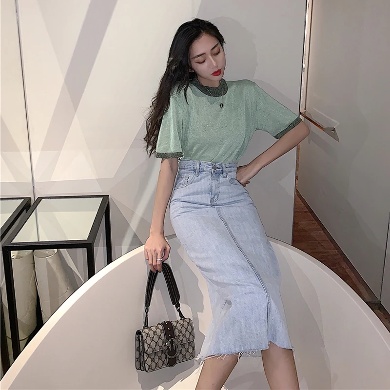 2019 женская синяя джинсовая юбка с высокой талией разрезом для женщин летние